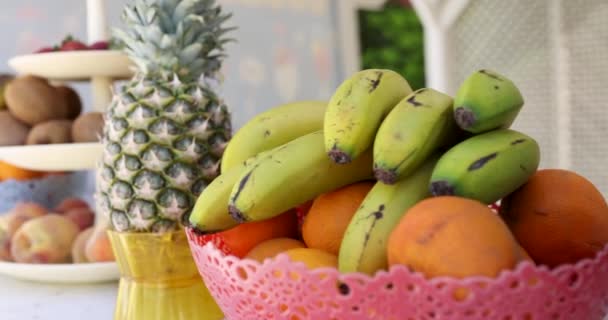 Gran variedad de frutas tropicales en la mesa 4k película — Vídeo de stock