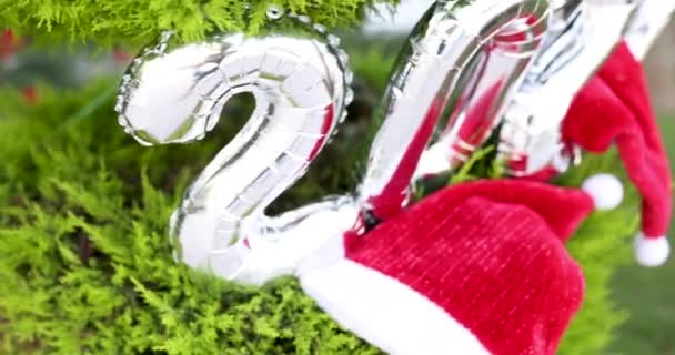 Numbers 2022 and santa claus red hats weigh on evergreen tree 4k movie — Stockvideo