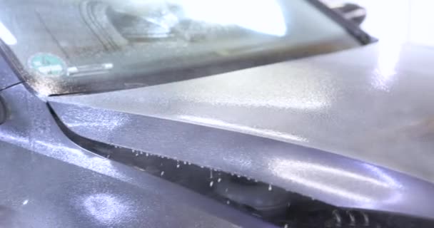 Αφρός σαμπουάν ψεκάζεται στο καπό του αυτοκινήτου για μετέπειτα πλύσιμο και καθαρισμό 4k ταινία — Αρχείο Βίντεο