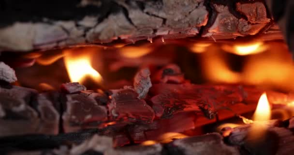 Quemaduras de fuego en la chimenea y el carbón se extrae lentamente película 4k — Vídeos de Stock
