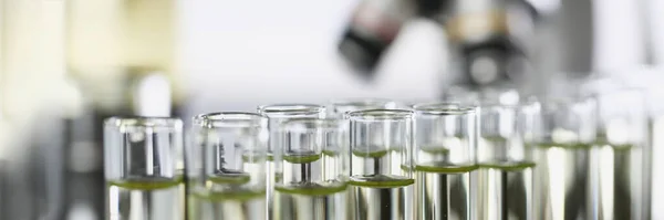 Viele gläserne Reagenzgläser mit gelber Flüssigkeit stehen in Labornahaufnahme — Stockfoto
