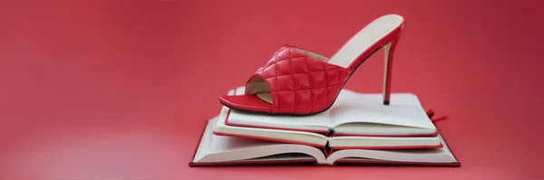 时尚的红色凉鞋站在日记上，有红色背景的书. — 图库照片