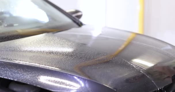 Tecnico in autolavaggio raccoglie l'acqua con massetto dal cofano dell'auto 4k film — Video Stock