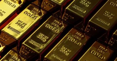 Mükemmel hizalanmış altın çubuklar denge ve finansal gücü sembolize eden simetrik kalıplar oluşturur. Yumuşak ışık parmaklıklara ince oymalar vurguluyor