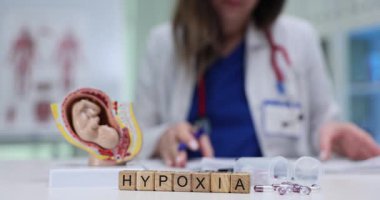 Tahta küplere göre hipoksi rahim modeli ve laboratuvar aletlerinin yanına konur. Işık uzaya girer. Kadın doktor, masadaki oksijen eksikliğini araştırır.