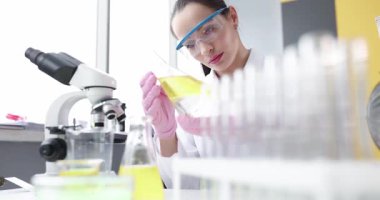 Eldiven giyen kadın laboratuvar teknisyeni, mataradaki örnekleri teker teker inceliyor. Teknisyen etiketleri kontrol eder ve mikroskop altında test hazırlayan tüpleri hizalar