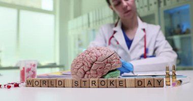 Dünya Felç Günü 'nde hastanedeki beyin modeline karşı tahta bloklar üzerine yazı. Kadın nörolog beyin dokusu akışını engelleyen maddeler hazırlıyor.