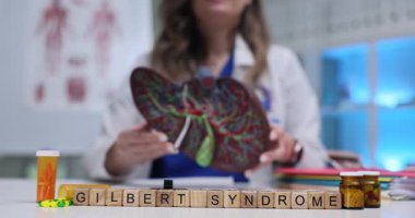 Tahta bloklar karaciğer modelinin yanında Gilbert sendromu anlamına gelir. Kadın doktor, klinikteki hastaya hafif sarılık rahatsızlığını açıklayan bir organ modeli tutuyor.