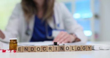 Masadaki tahta bloklar Endokrinoloji 'yi oluşturuyor. Kadın endokrinolojist, iyi organize edilmiş bir muayenehanede masa başında oturuyor ve dikkatle belgeleri inceliyor.