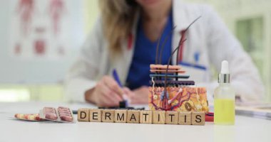 Tahta bloklar dermatit kelimesini deri kesiti modeline göre heceler. Dermatoloji doktoru randevusunda deri iltihabı için terapi seçen notlar yazar.