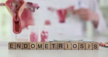 Tahta küplerde kronik sorunu vurgulayan kelime Endometriyozis. Rahmi olan jinekoloji modeli masa üzerindeki kapsüllerin yanında duruyor.