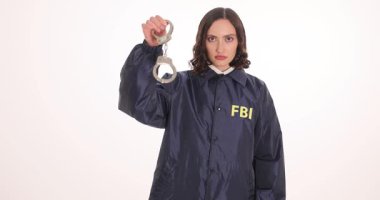 FBI ceketli kadın ajan elinde metal kelepçelerle stüdyoda duruyor. Kolluk kuvvetleri, suç cezasıyla ilgili kelepçe uyarısı yaptı