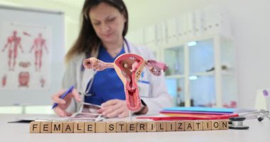 Tahta bloklar, rahim modelinin yanındaki kadın sterilizasyonu kelimelerini heceliyor. Kadın doktor, kalıcı doğum kontrol seçeneğini açıklayan hasta görüntülerini kontrol ediyor.