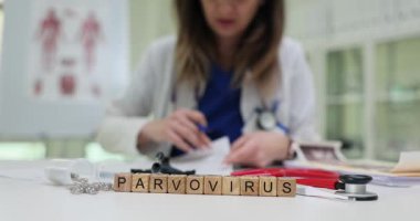 Kadın doktor, laboratuvar sonuçlarını dikkatle inceler. Minyatür ahşap bloklar kelime oluşturan Parvovirüs steteskop yakınındaki masada yatıyor