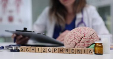 Kadın doktor belgelenmiş durumlara ve ilaçlara bakıyor. Şizofreni oluşturan tahta bloklar beynin anatomik modelinin yanında duruyor.