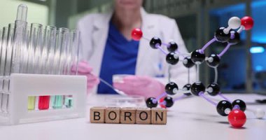 Laboratuar teknisyeni Petri kabının içindeki ince toz dokusunu dikkatlice inceliyor. Tahta küpler, Boron 'un soruşturma altında olduğunu belirten bir kelime oluşturuyor.