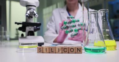 Tahta küpler, analizin odak noktasını belirleyen silikon terimi oluşturur. Kadın laboratuvar çalışanı mikroskop yakınında yapay moleküler modeli dikkatle inceliyor.