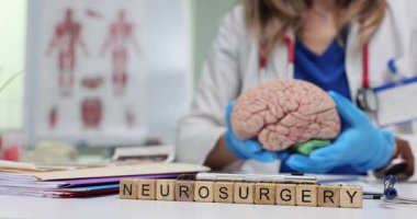 Tahta bloklar tıbbi masada nöroşirürji kelimesini heceliyor. Eldivenli kadın doktor, klinikteki hastanın ameliyat riskini açıklarken beyin modelini tutuyor.