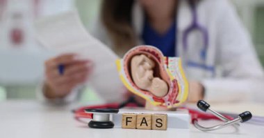 Hastanede stetoskop ve fetüs anatomik modeli olan küplerle ilgili FAS mektupları. Ultrason taramalı kadın jinekolog fetal alkol sendromunu analiz ediyor.