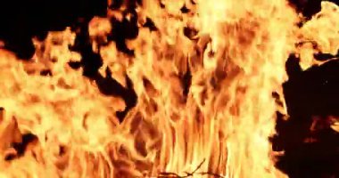 Turuncu sarı ve kırmızı kıvrımlı ateş, koyu çerçeveyi doldurur. Şenlik ateşi dinamik bir şekilde hareket eder ve dalgalı desenler yaratır.