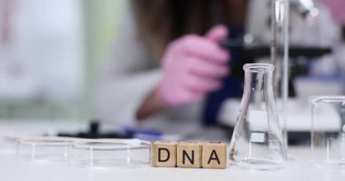 Tahta bloklar labaratuvar masasının üzerinde DNA sözcüğü temiz cam eşyanın yanında. Pembe eldivenli bilim adamı mikroskop ile polis için genetik örnekleri inceliyor.