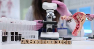 Tahta bloklar Progesterone kelimesini mikroskop ve rahim modelinin yanında heceler. Kadın bilim adamı, hormon örneğini inceleyip hasta progesteron seviyesini kaydediyor.