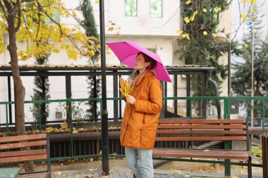 Sonbahar yapraklarıyla dolu canlı bir parkta neşeli bir kadın, parlak pembe bir şemsiyenin altında bir avuç dolusu altın yaprağı tutarken renkli bir ortamın tadını çıkarıyor..