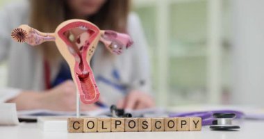 Tahta küpler leğen kemiğinin önünde duran Colposcopy 'yi heceler. Kadın jinekolog not yazarken, rahim modeli prosedüre ihtiyaç olduğunu gösteriyor.