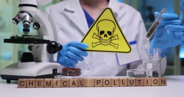 Tahta küpler Kimyasal Kirlilik kelimelerini heceler. Koruyucu eldivenlerdeki bilim adamları laboratuvar deneyi sırasında tehlikeli madde test tüpü ve zehirli sıvı bulunduruyorlar.