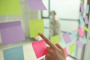Bir insan, renkli notlarla dolu cam bir duvardaki canlı yeşil yapışkan nota işaret eder, güneşli bir sabah saatlerinde meslektaşlarıyla dinamik bir beyin fırtınası yapar..