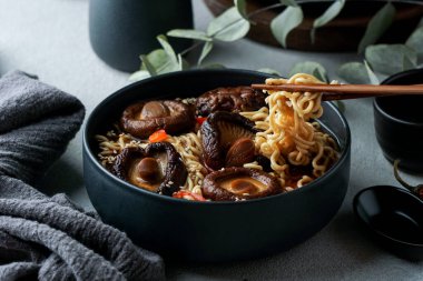 Shiitake 'li Asya eriştesi çorbası, sıcak baharatlı çorba.