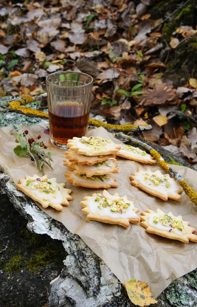 Cookies with frosting and pistachios in the forest — Stock Photo, Image