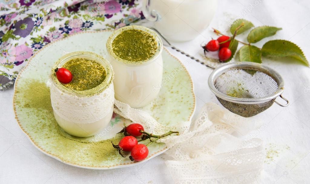 Healthy breakfast - yogurt homemade with green tea matcha
