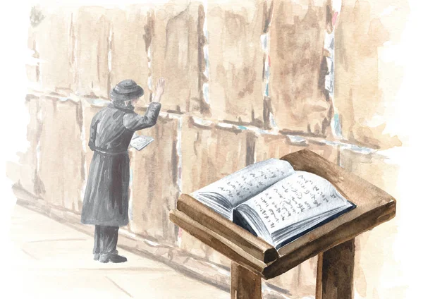 book of the Torah  is open on the prayer table on the background of Western Wall in Jerusalem, Israel. Hand drawn watercolor illustration, isolated on white background