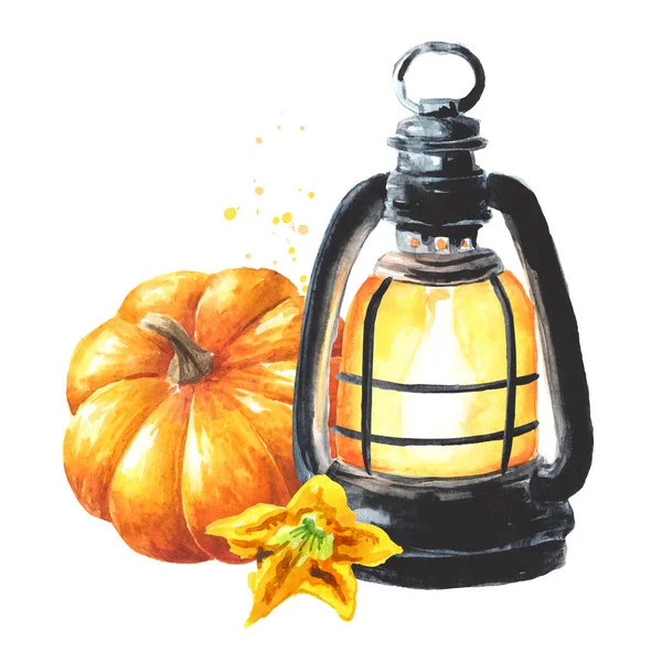 Lantern and pumpkin, Thanksgiving Day Concept. Hand drawn watercolor illustration isolated on white background