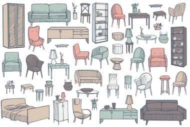 Ev için el yapımı mobilyalar, lambalar ve bitkiler. Vektör ayarlandı. Çizim çizimi.