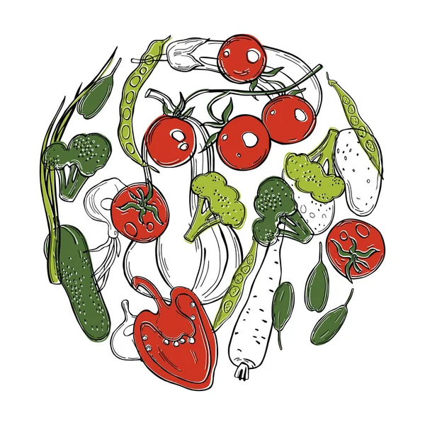 Verduras Dibujadas Mano Círculo Dibujo Vectorial Ilustración — Vector de stock