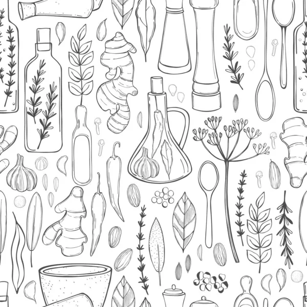 Hand Drawn Spices Herbs Vector Seamless Pattern — Stock Vector