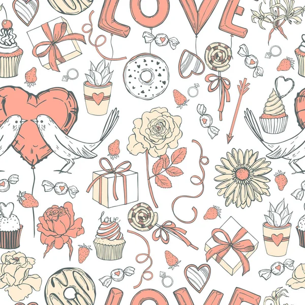 Handgezeichnetes Valentinstag Set Vektornahtloses Muster Mit Blumen Vögeln Und Süßigkeiten — Stockvektor