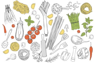 Beyaz arka planda elle çizilmiş makarna ve sebzeli vektör ayarlandı. İtalyan yemeği. Çizim çizimi.