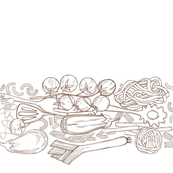 Векторный Фон Рисованными Вручную Макаронами Овощами Белом Фоне Итальянская Еда — стоковый вектор