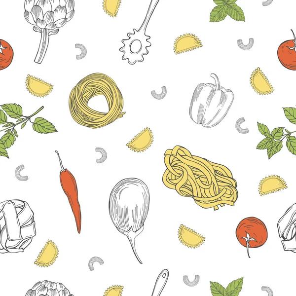 Motif Vectoriel Sans Couture Avec Des Pâtes Légumes Dessinés Main — Image vectorielle