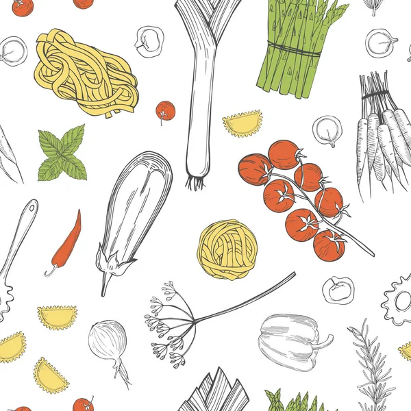 Векторный Бесшовный Узор Рисованной Пастой Овощами Белом Фоне Итальянская Еда — стоковый вектор
