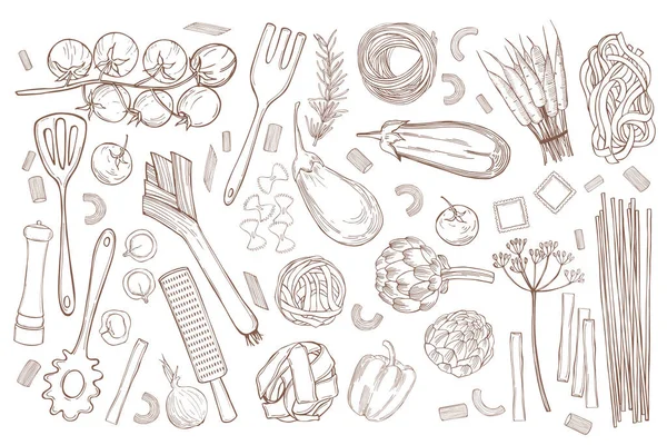 Ensemble Vectoriel Avec Pâtes Légumes Dessinés Main Sur Fond Blanc — Image vectorielle
