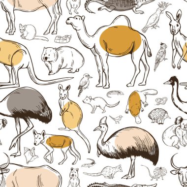 Avustralya 'nın el yapımı hayvanları ve kuşları. Vektörsüz desen.