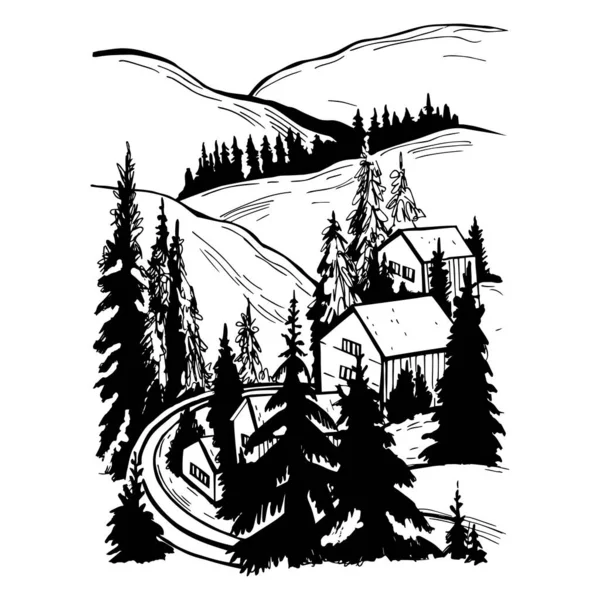 Villaggio Invernale Disegnato Mano Montagna Località Sciistica Illustrazione Schizzo Vettoriale — Vettoriale Stock