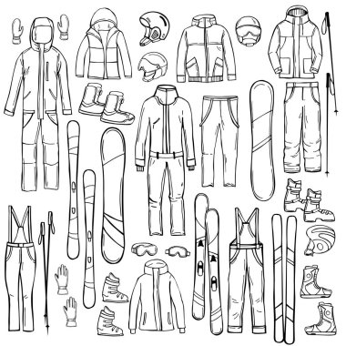 Kayakçılar ve snowboardcular için el yapımı giysi ve ekipman. Vektör çizimi çizimi.