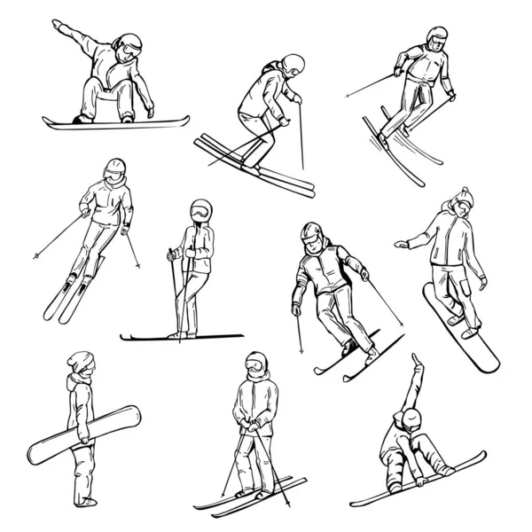 Kézzel Rajzolt Snowboardosok Síelők Vektorvázlat Illusztráció — Stock Vector