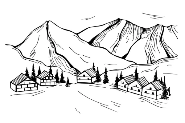 Station Ski Chalet Dans Les Montagnes Illustration Croquis Vectoriels — Image vectorielle