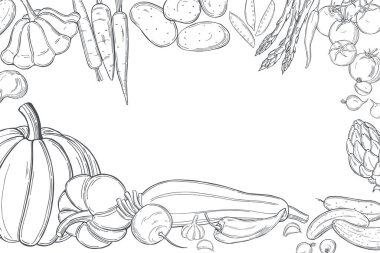 Elle çizilmiş sebzeli vektör arkaplan. Çizim çizimi.  